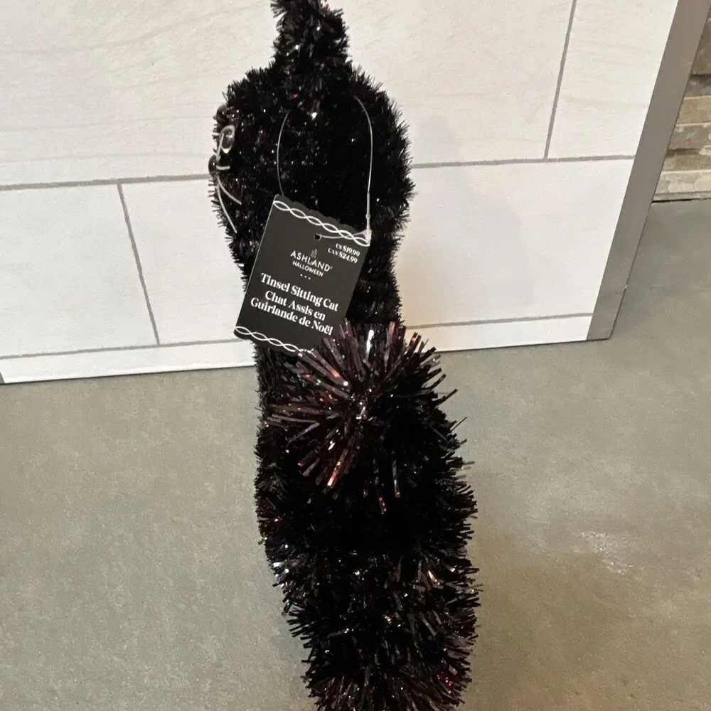 Ashland Halloween Black Tinsel Sitting Cat & Bat Decor w/ Faux Straw Bale